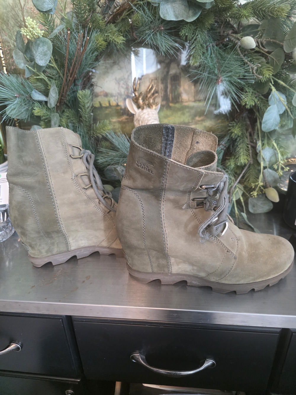 Sorel Olive Green Suede Wedge Ankle Booties